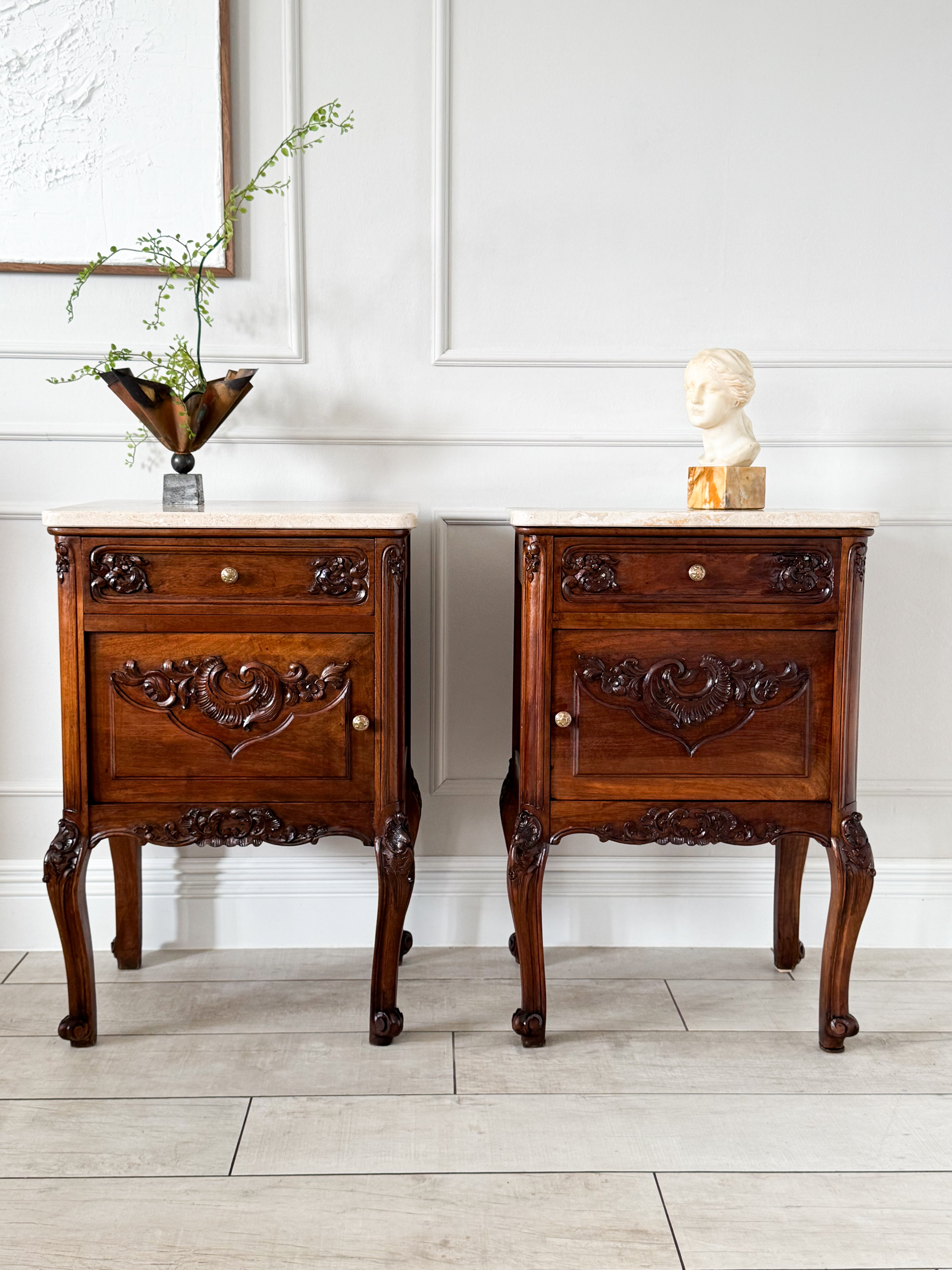 Antique Nightstands Made of Solid Walnut with Stone Top