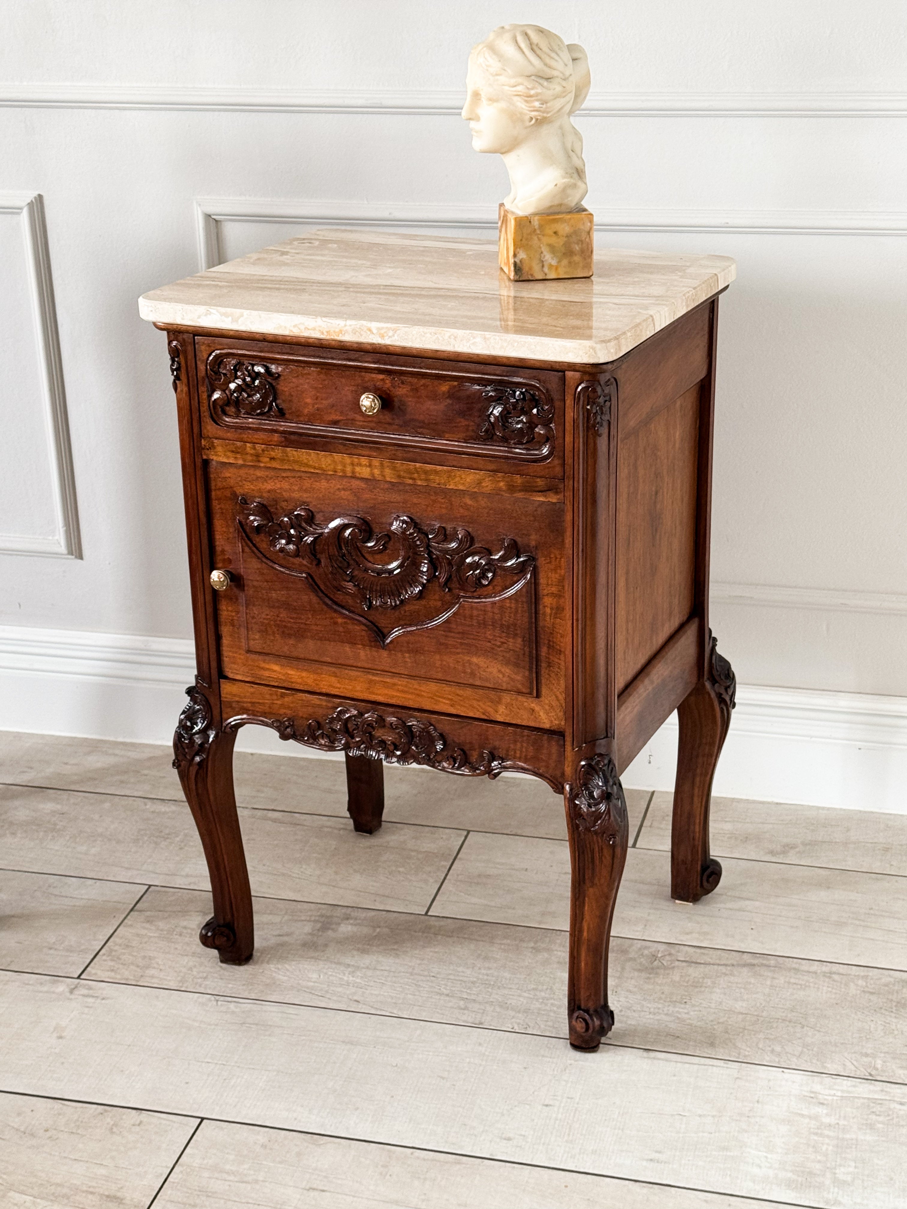 Antique Nightstands Made of Solid Walnut with Stone Top