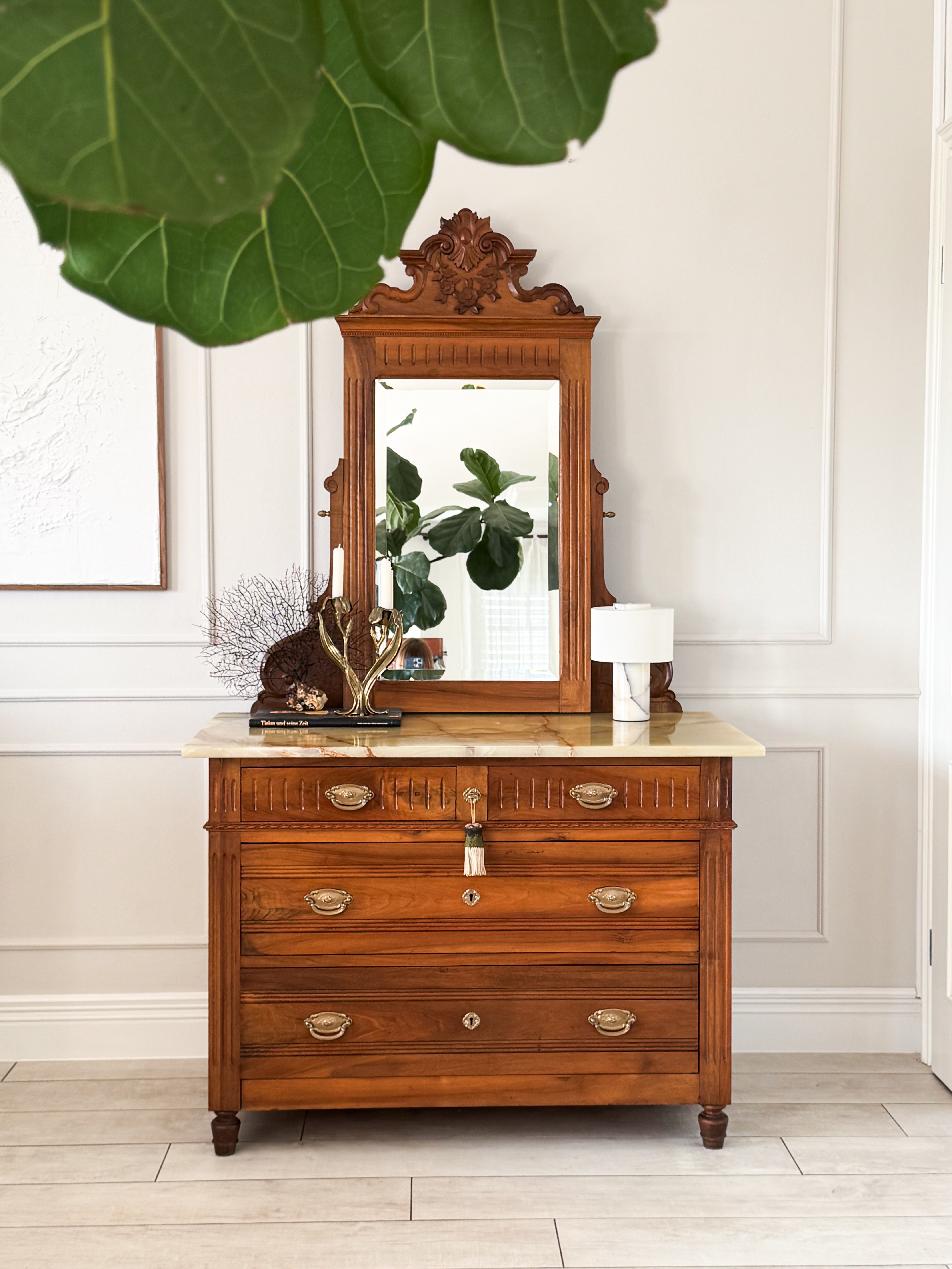 Beautiful Antique Mirror Chest of Drawers with Marble Top