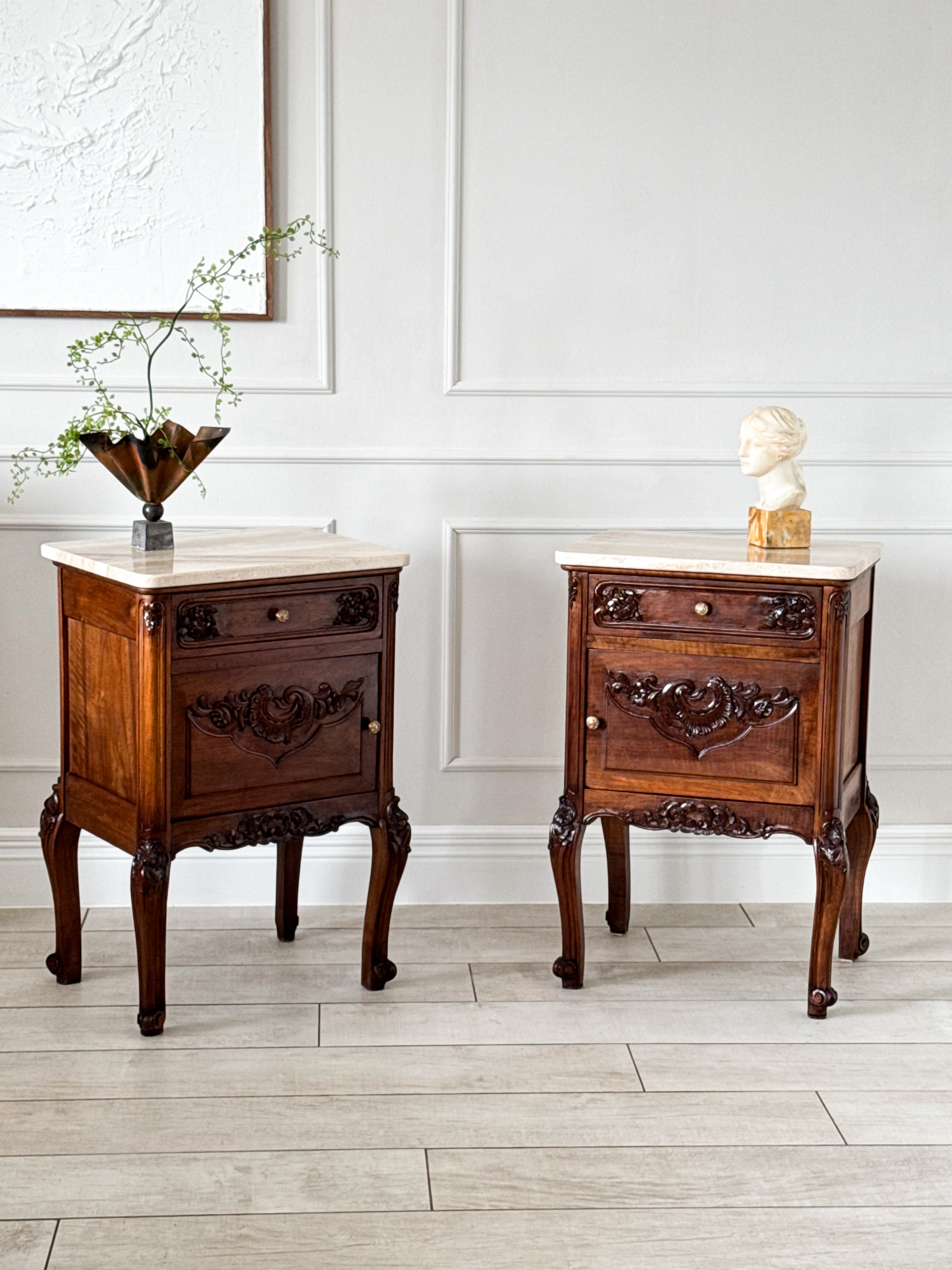 Antique Nightstands Made of Solid Walnut with Stone Top