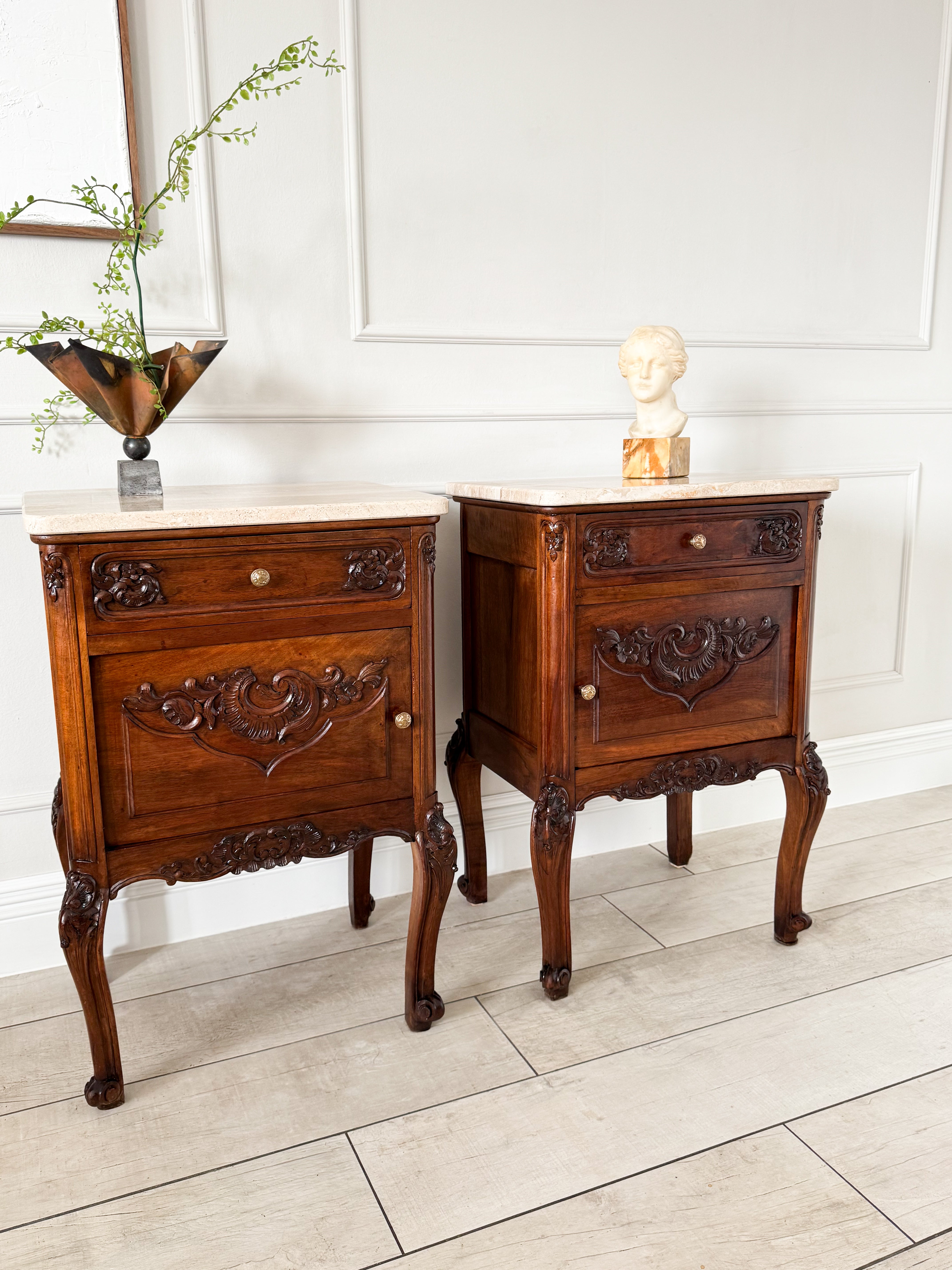 Antique Nightstands Made of Solid Walnut with Stone Top