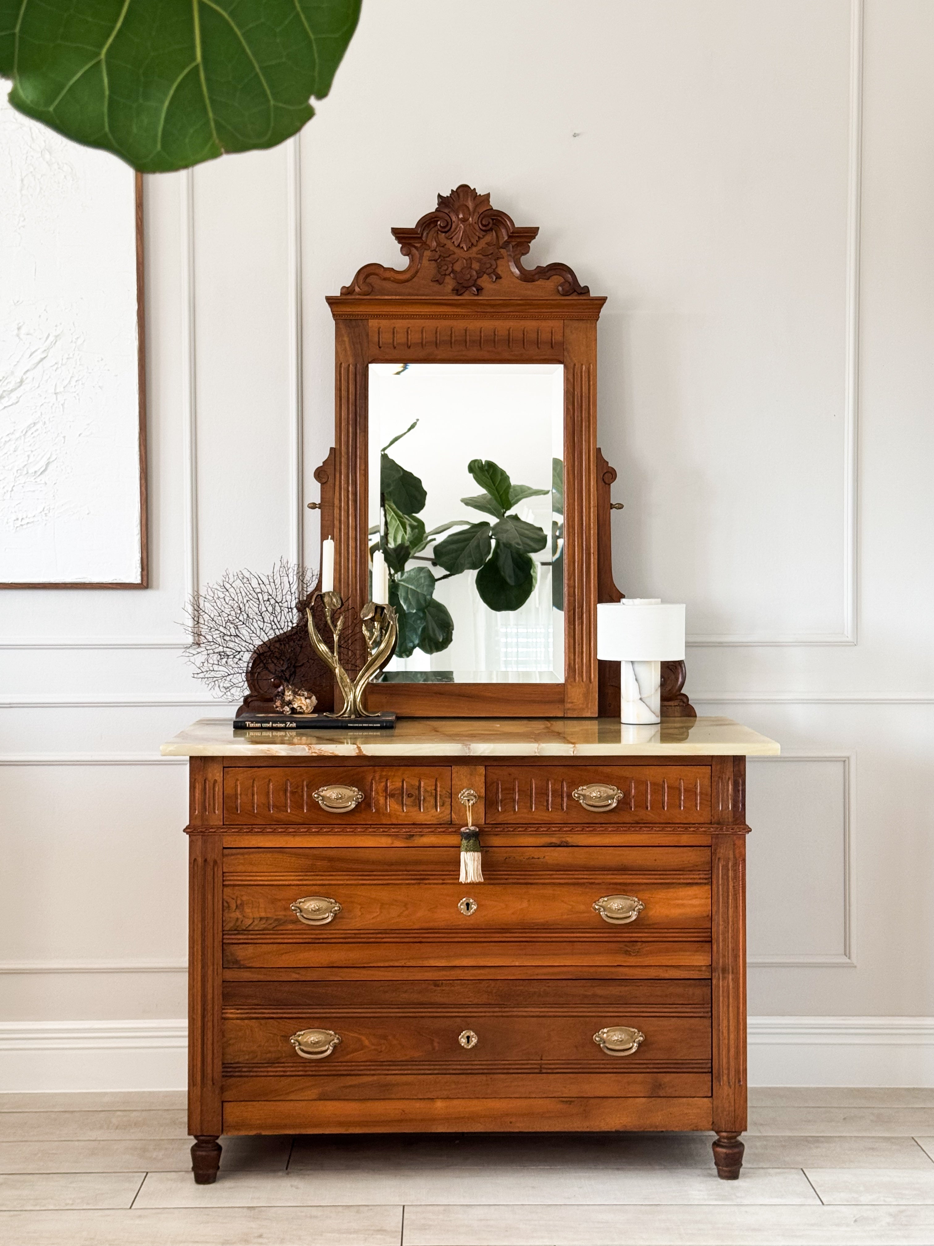 Beautiful Antique Mirror Chest of Drawers with Marble Top