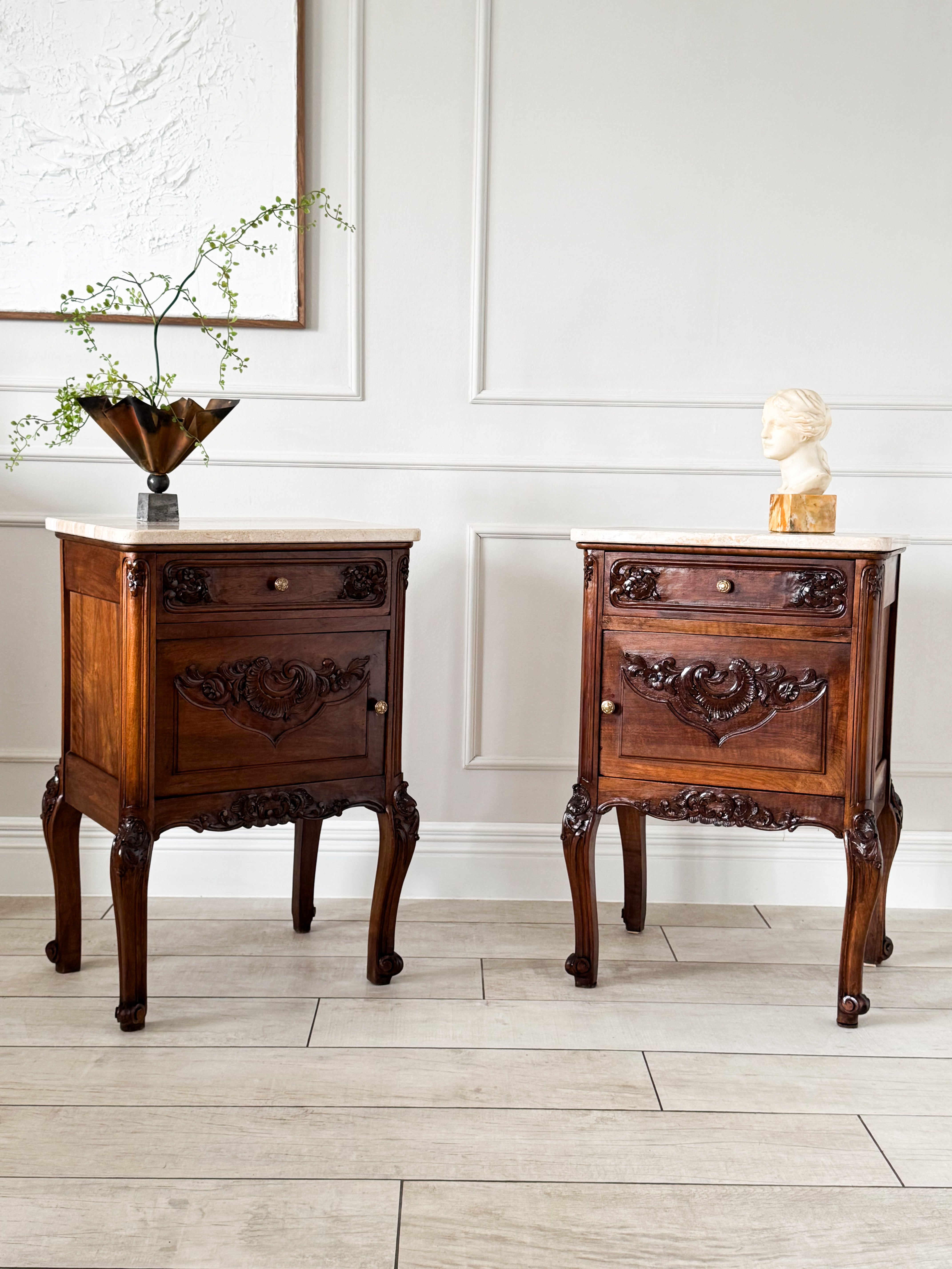 Antique Nightstands Made of Solid Walnut with Stone Top