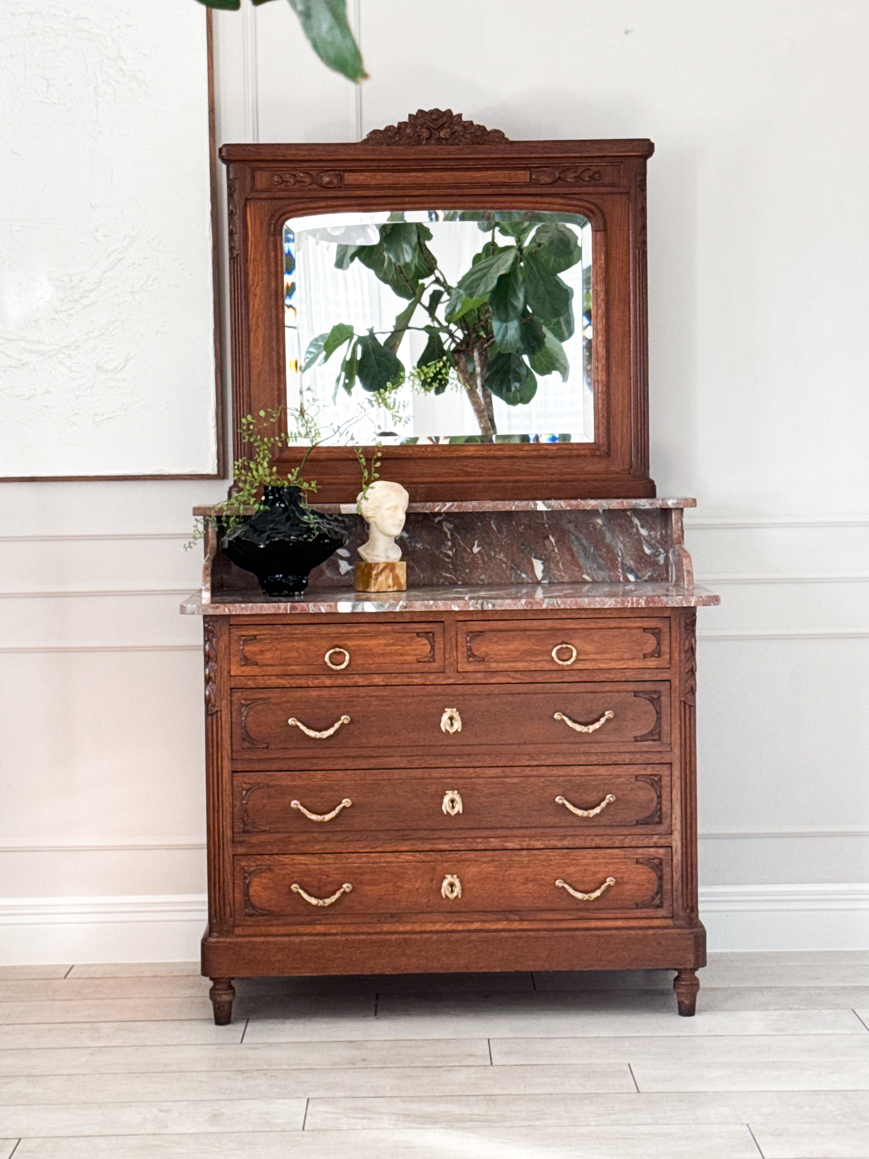 HÜBSCHE ANTIKE SPIEGELKOMMODE MIT MARMORPLATTE