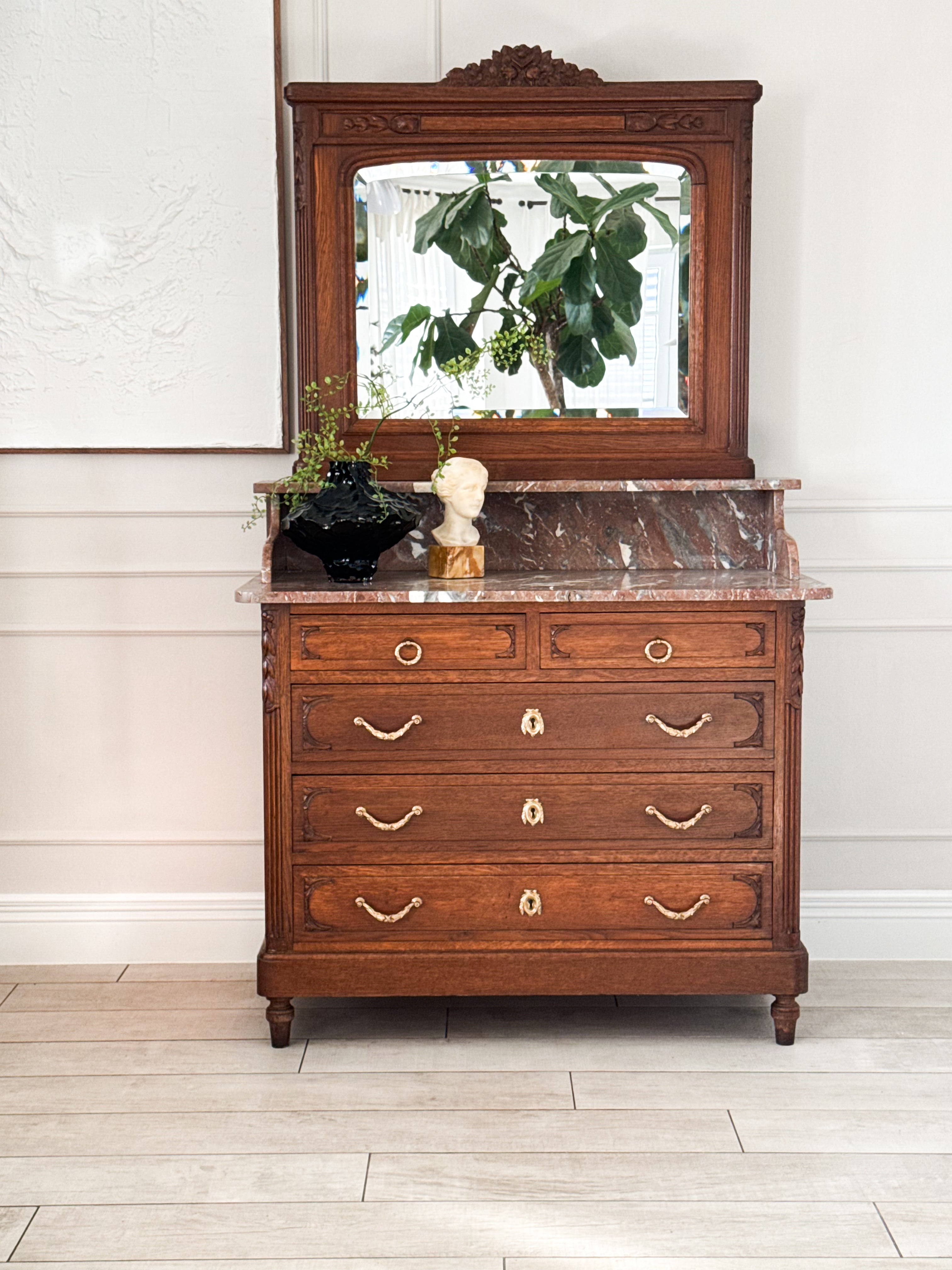 HÜBSCHE ANTIKE SPIEGELKOMMODE MIT MARMORPLATTE