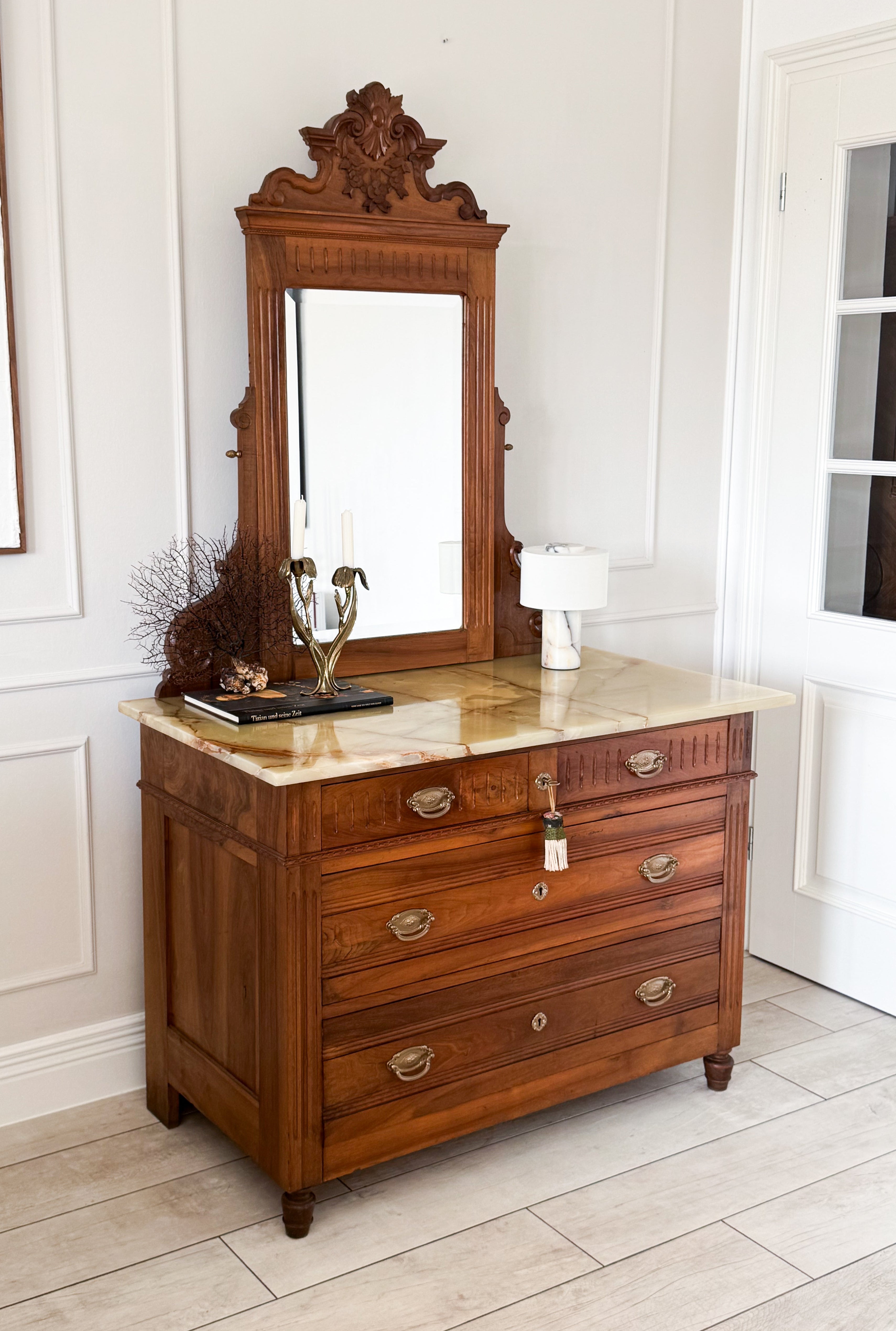 Beautiful Antique Mirror Chest of Drawers with Marble Top