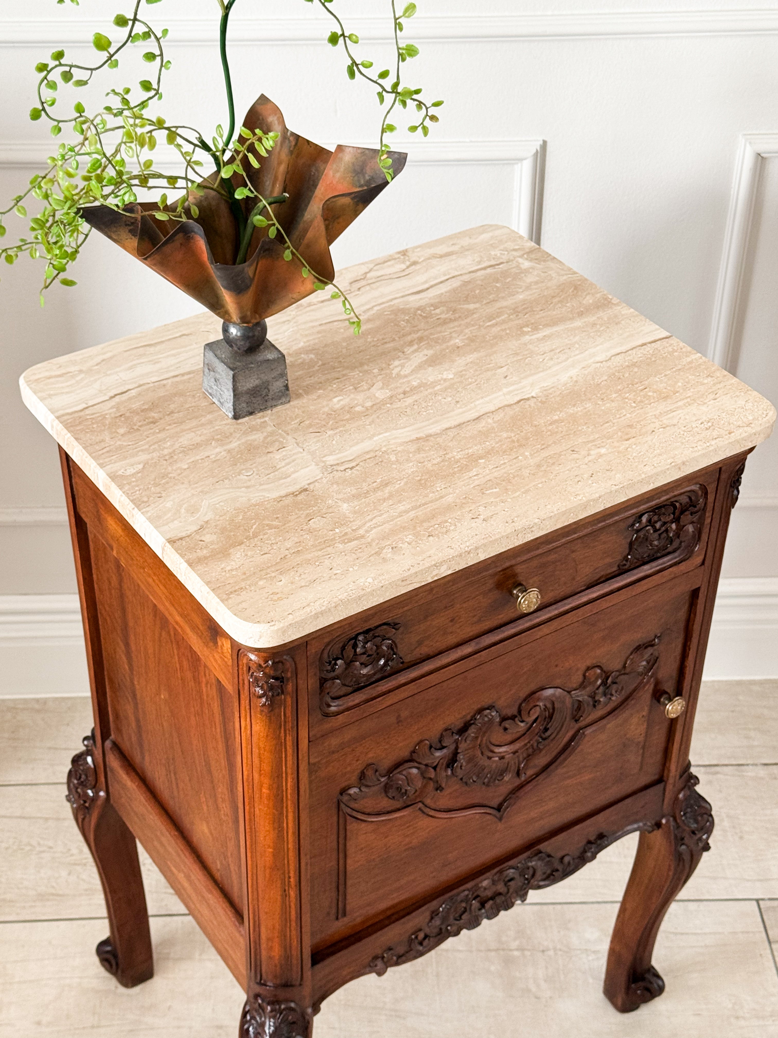 Antique Nightstands Made of Solid Walnut with Stone Top