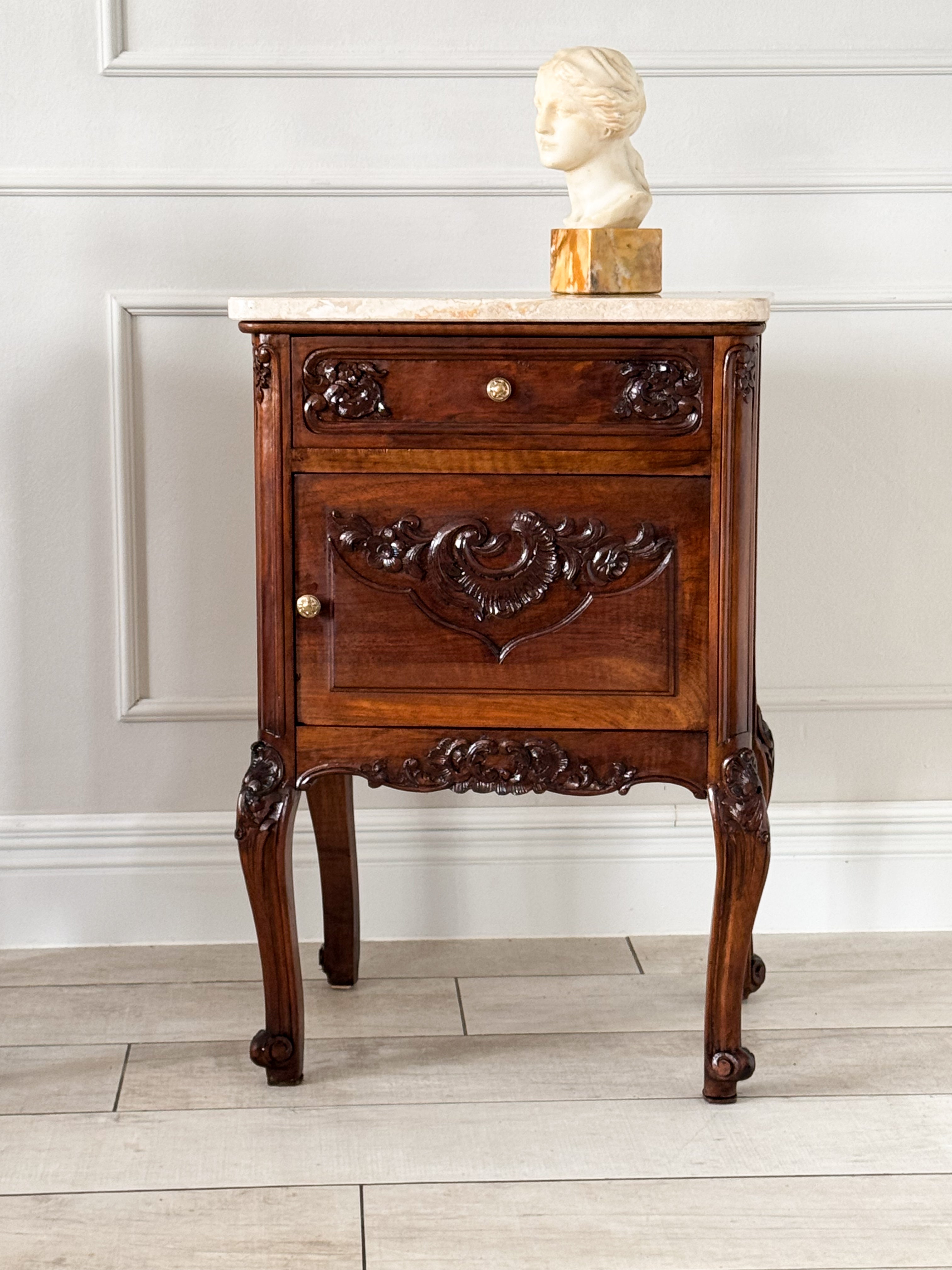 Antique Nightstands Made of Solid Walnut with Stone Top