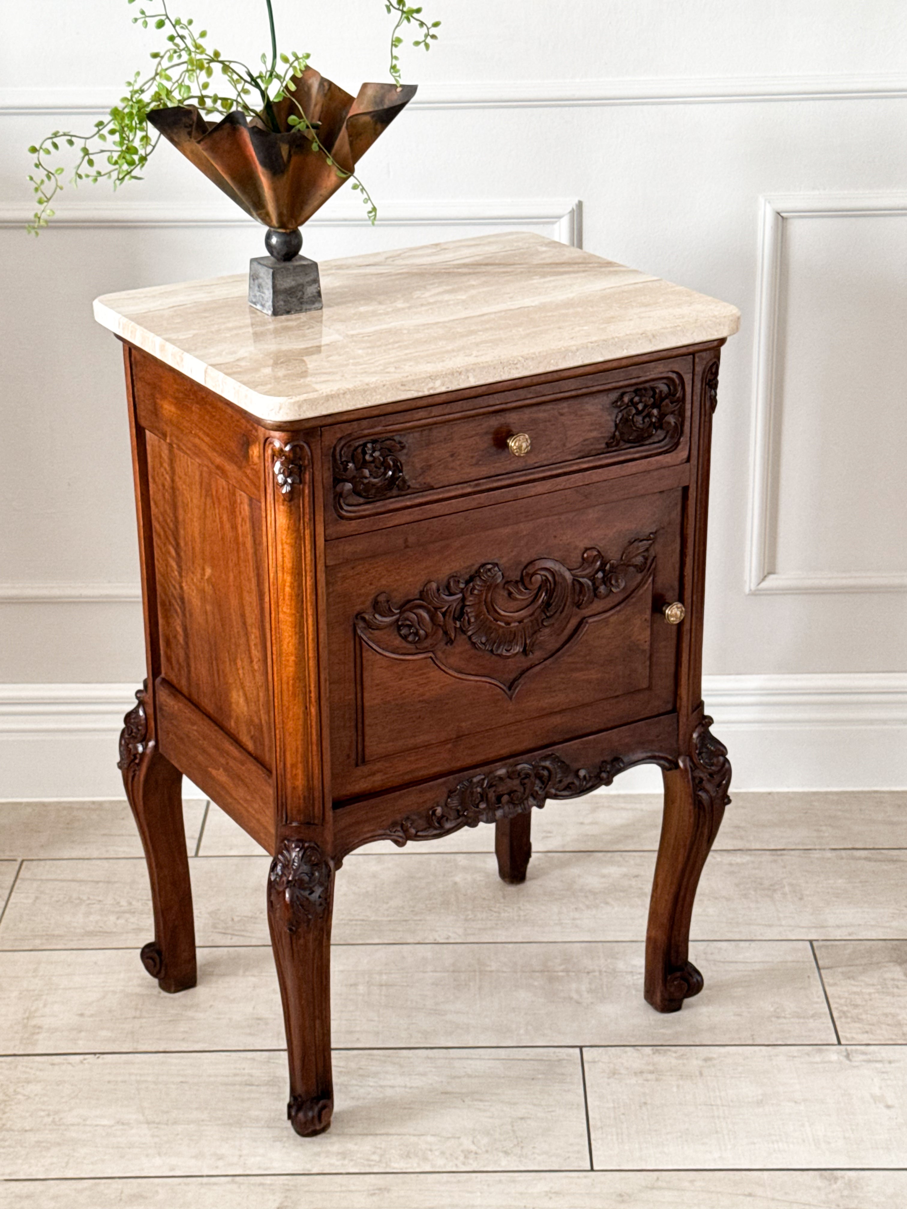 Antique Nightstands Made of Solid Walnut with Stone Top