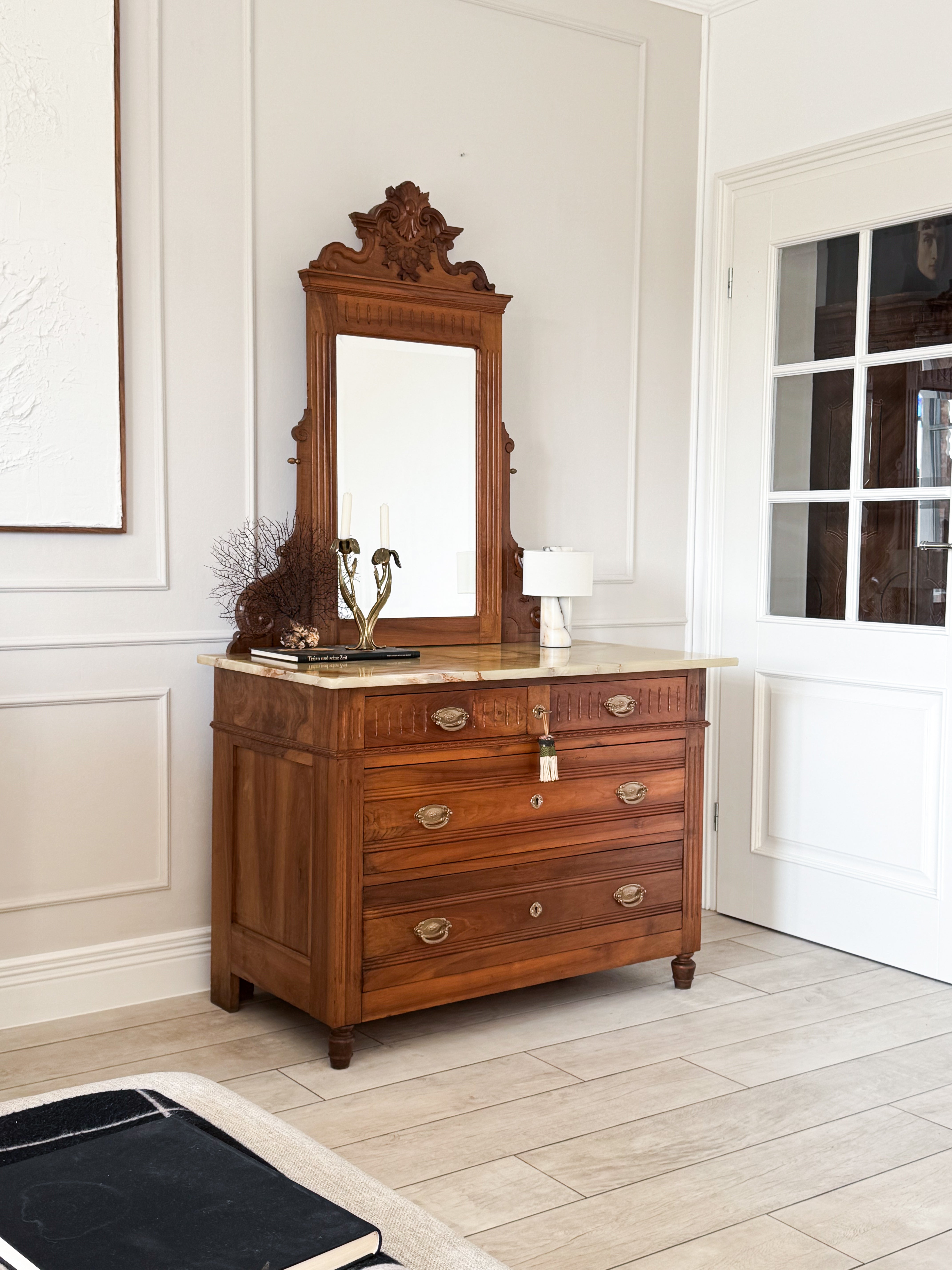 Beautiful Antique Mirror Chest of Drawers with Marble Top