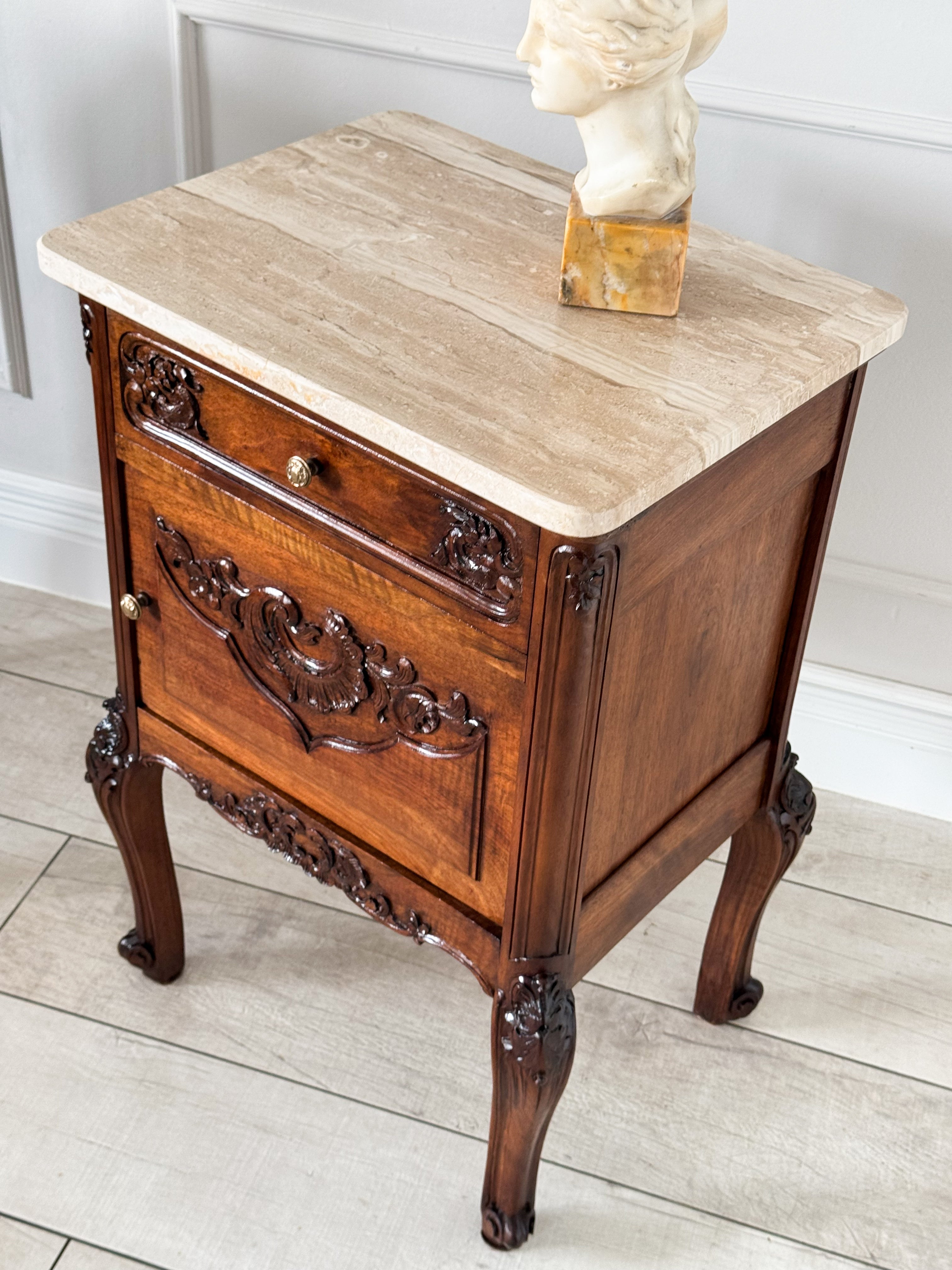 Antique Nightstands Made of Solid Walnut with Stone Top