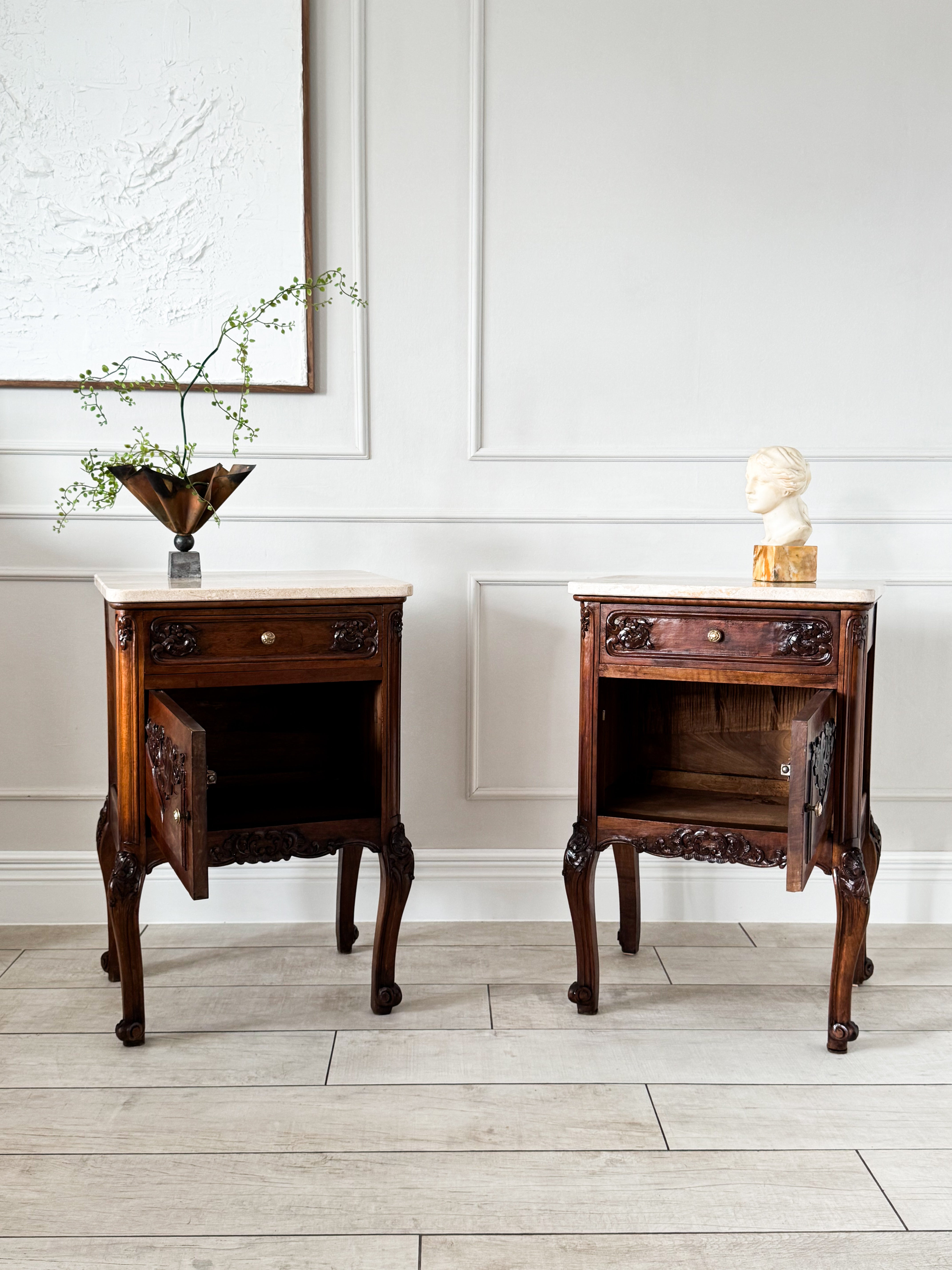 Antique Nightstands Made of Solid Walnut with Stone Top